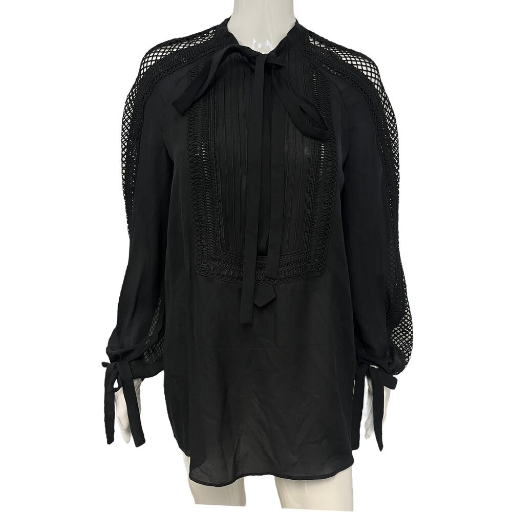 ELIE SAAB Black Silk Embroidered Mesh Long Sleeve Blouse Tops Size EU 42 US 10